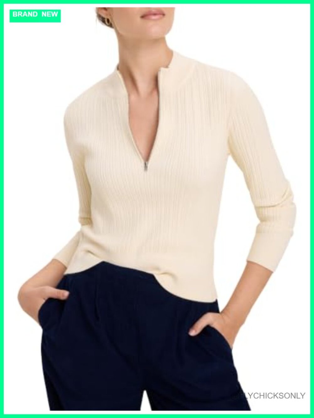 Ribbed Half Zip Pullover Sweater Fitted Long Sleeve Viscose Blend